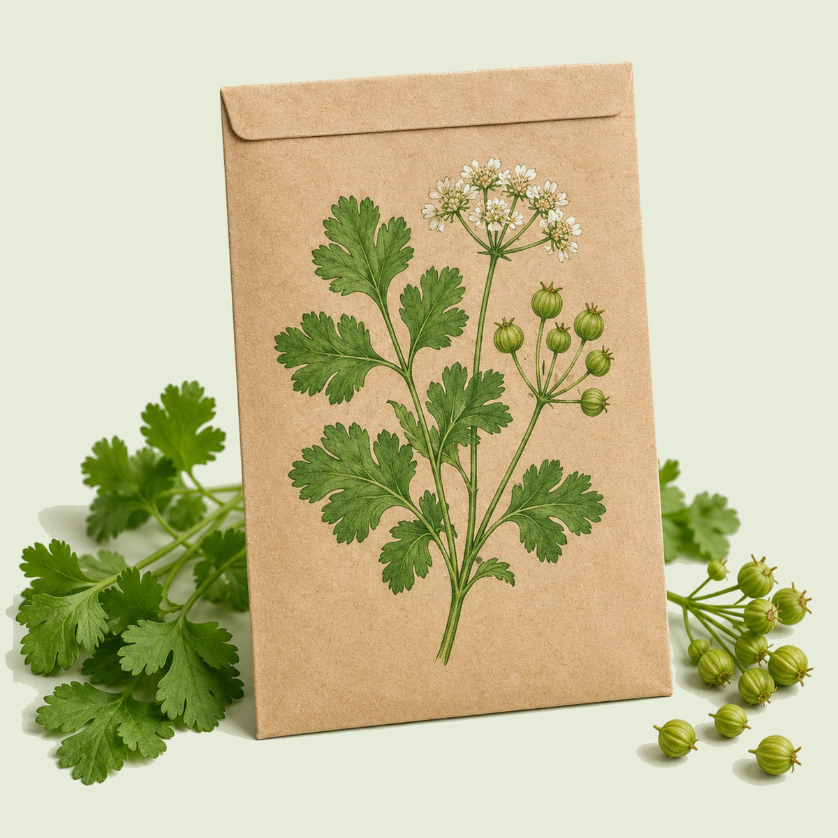 Kraft seed packet illustrated with Moroccan Cilantro and Coriander, with fresh Moroccan Cilantro and Coriander beside it