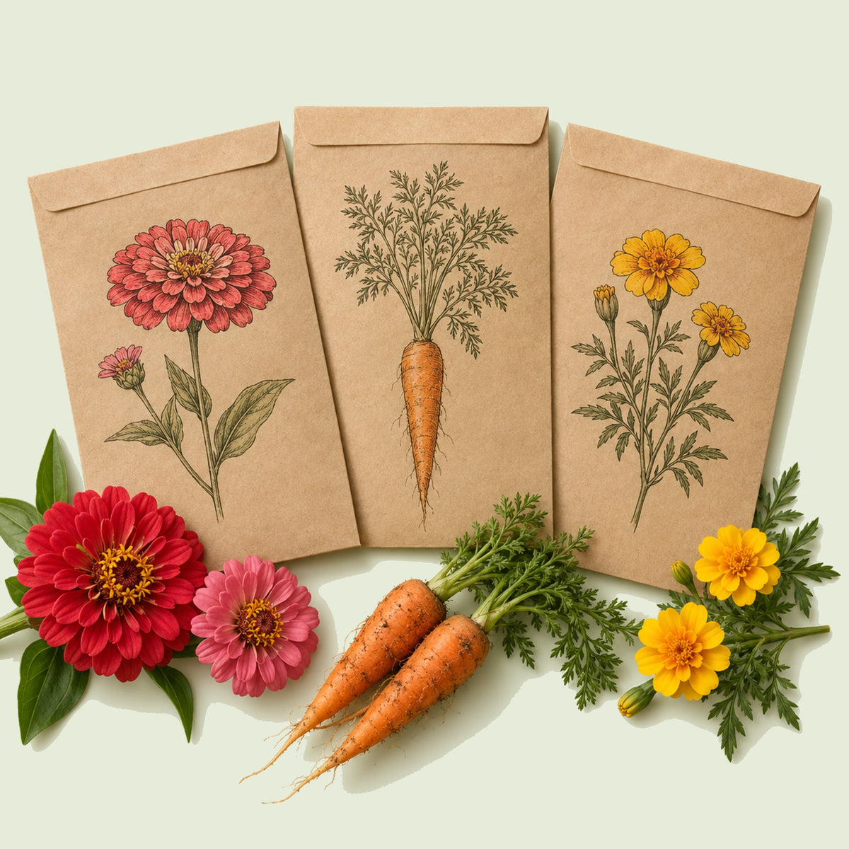 Kraft seed packet illustrated with Northeast Garden Seed Bundle, with fresh Northeast Garden Seed Bundle beside it