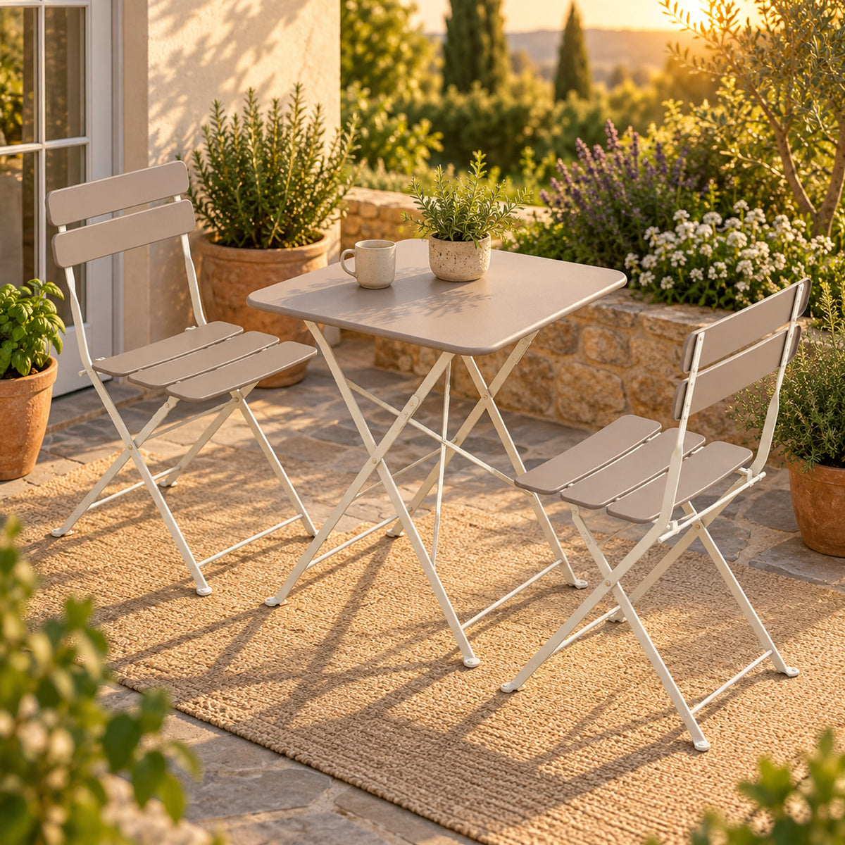 Outdoor Bistro Table and Chairs in use in a home garden