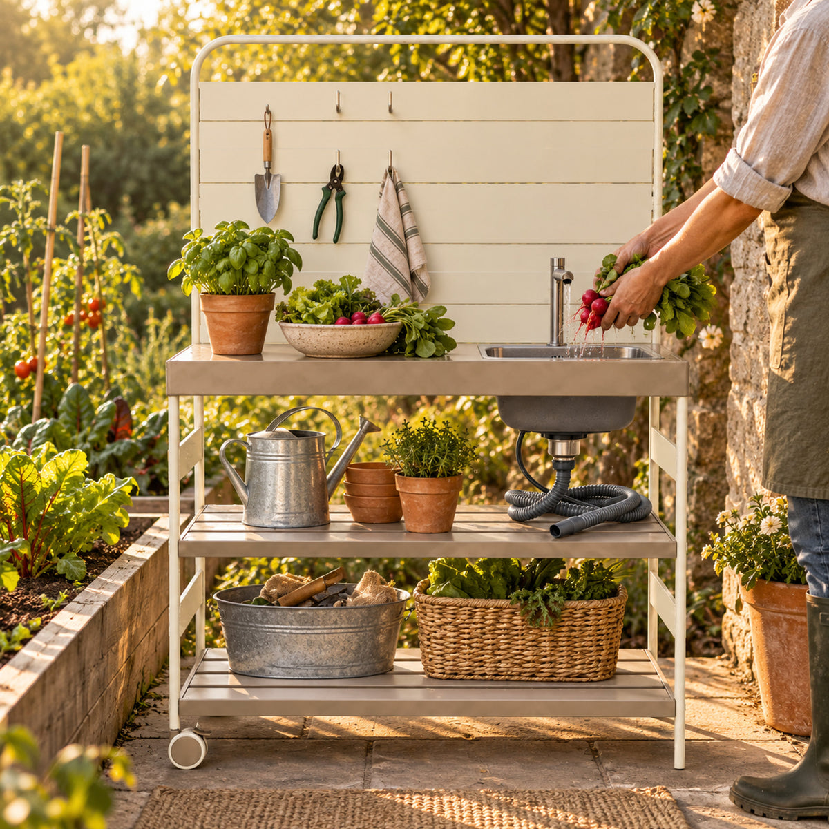Outdoor Garden Sink Station in use in a home garden