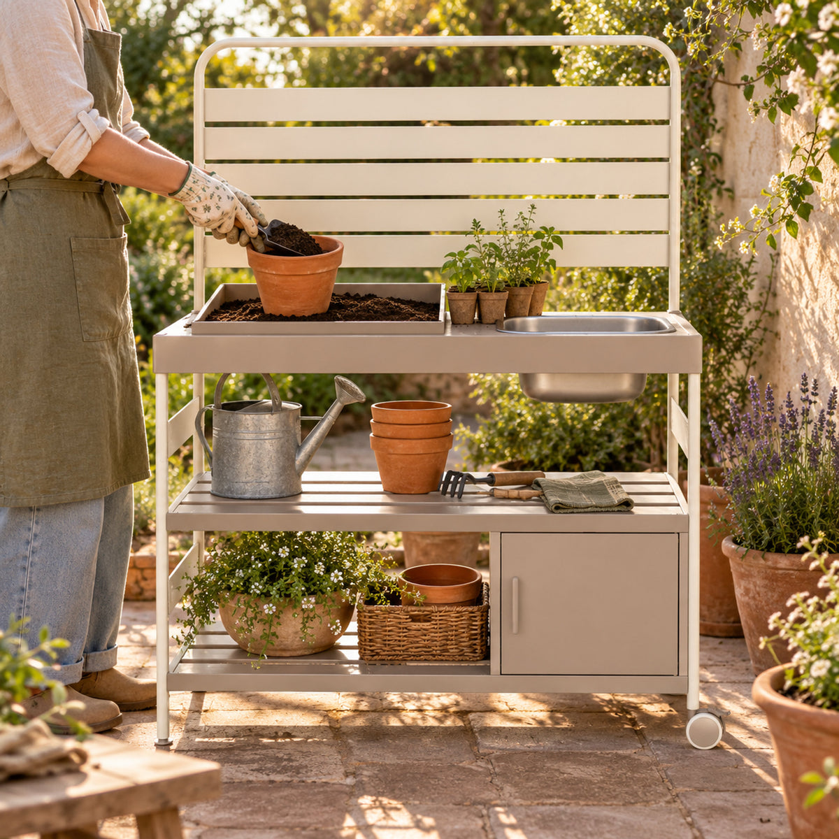 Outdoor Potting Bench in use in a home garden