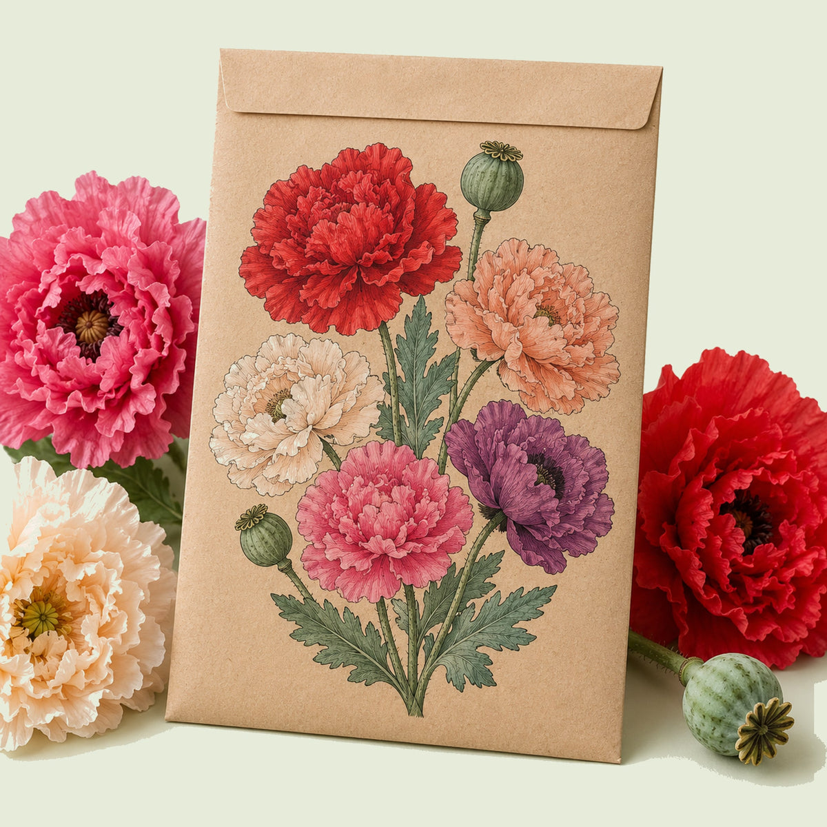 Kraft seed packet illustrated with Peony Double Poppy Blend, with fresh Peony Double Poppy Blend beside it