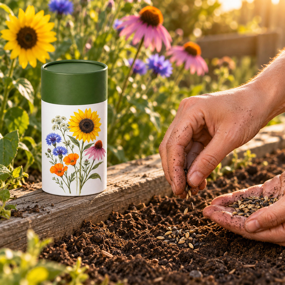Pollinator Flower Mix Seed Shaker in use in a home garden