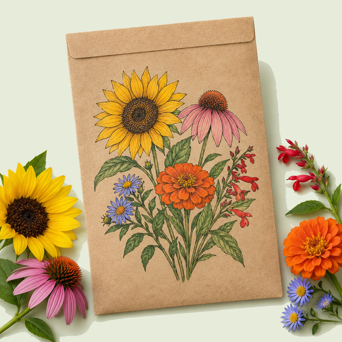 Kraft seed packet illustrated with Pollinator Flower Mix, with fresh Pollinator Flower Mix beside it