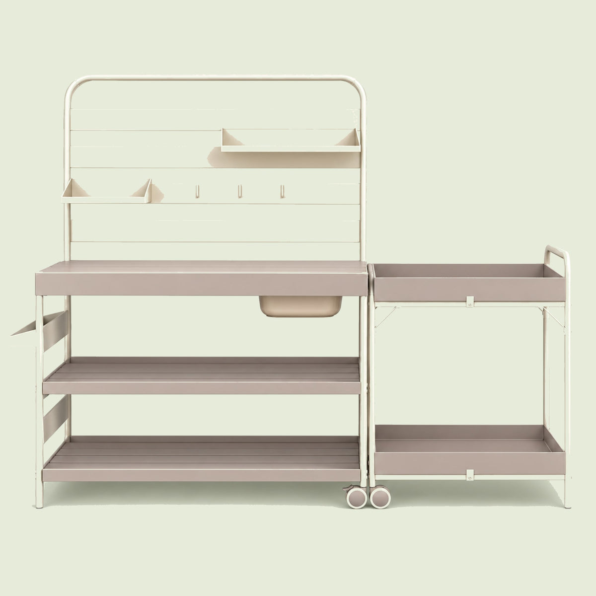 Potting Bench and Cart Set on a soft green background