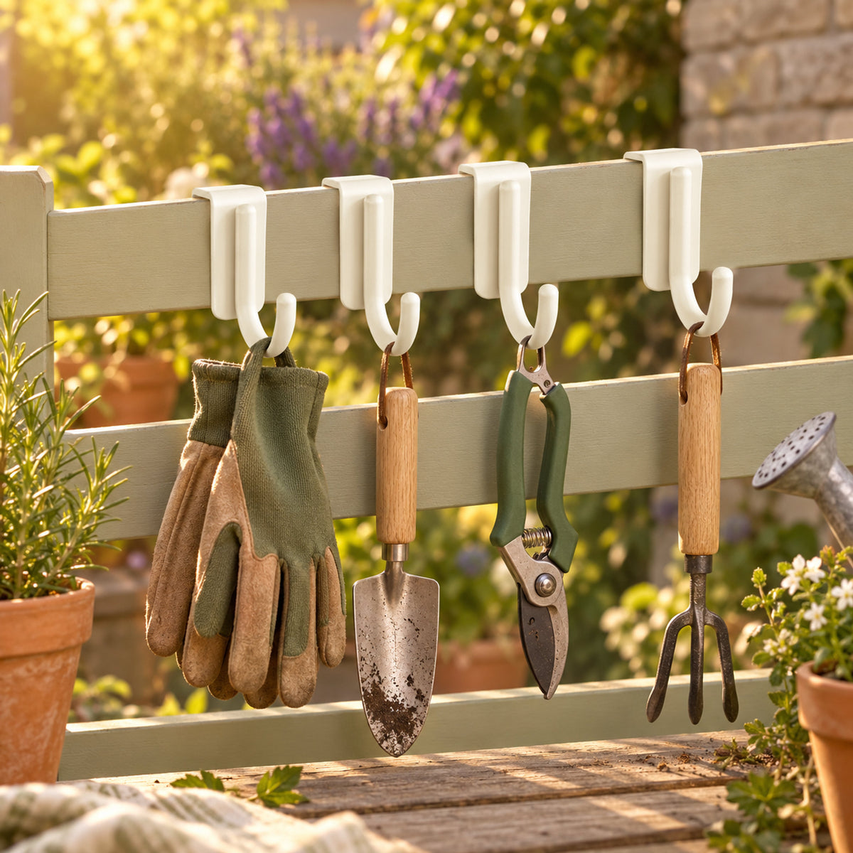 Potting Bench Hooks, Four Pack in use in a home garden