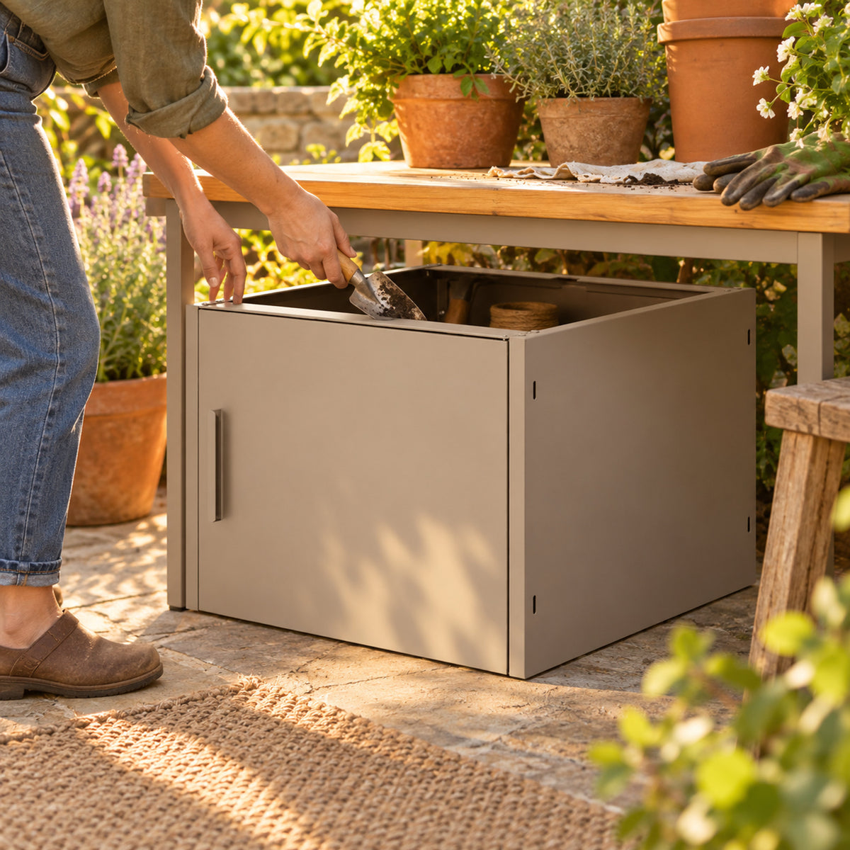 Potting Bench Storage Cabinet in use in a home garden