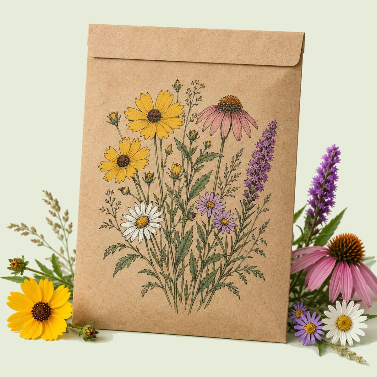 Kraft seed packet illustrated with Prairie Splendor Flower Mix, with fresh Prairie Splendor Flower Mix beside it