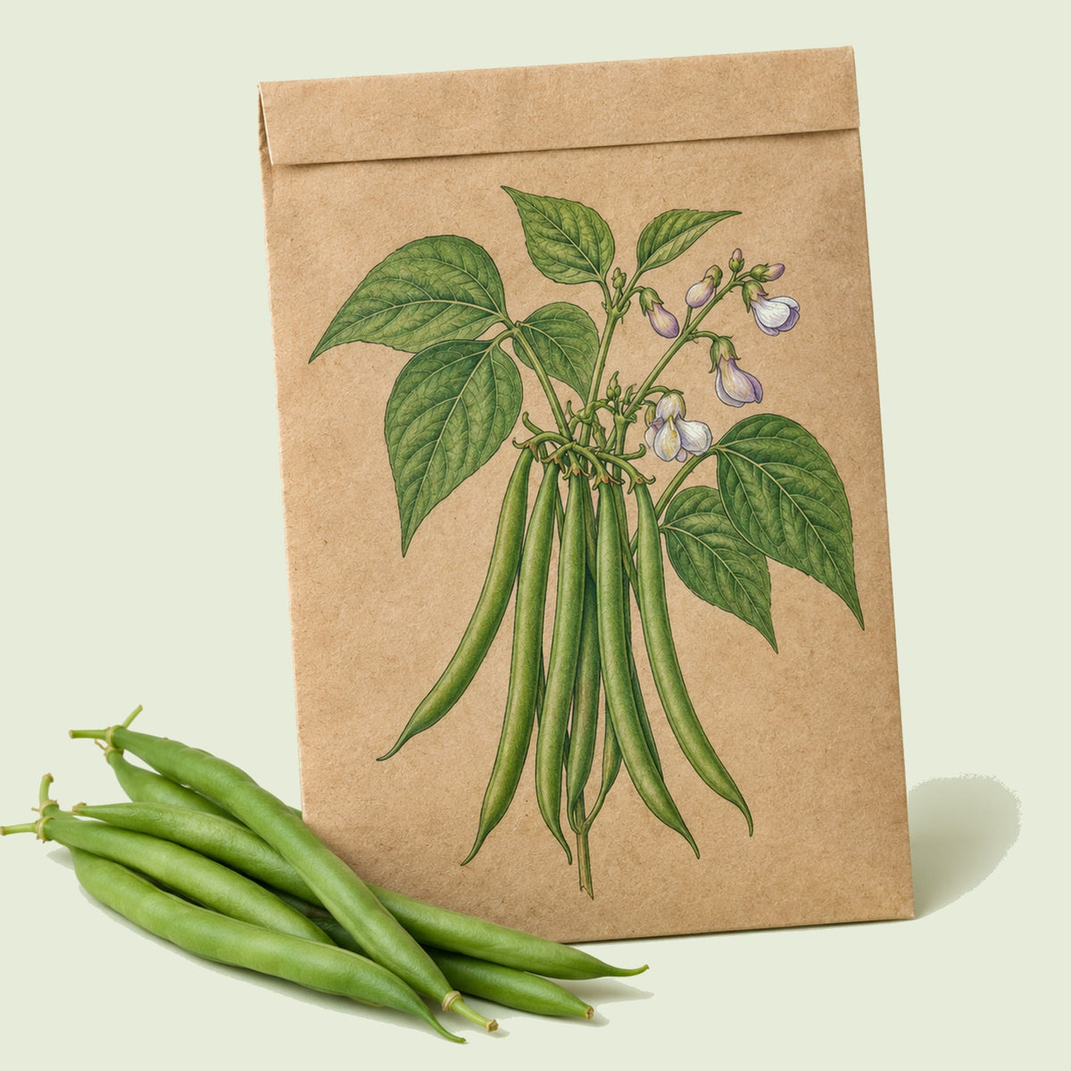 Kraft seed packet illustrated with Provider Bush Bean, with fresh Provider Bush Bean beside it