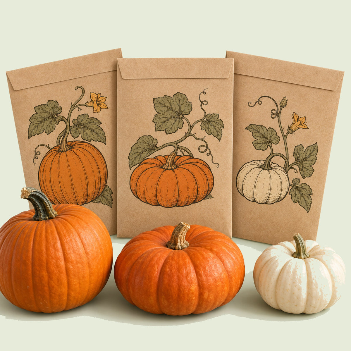 Kraft seed packet illustrated with Pumpkin Patch Seed Bundle, with fresh Pumpkin Patch Seed Bundle beside it