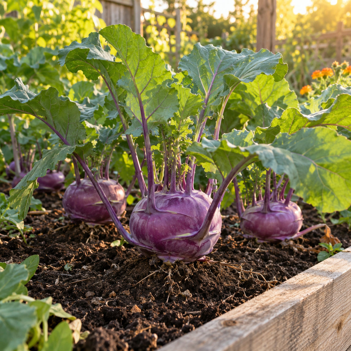 Purple Vienna Kohlrabi Seeds growing in a home garden