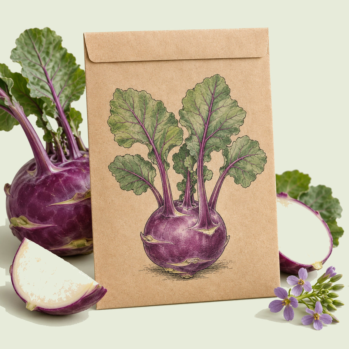 Kraft seed packet illustrated with Purple Vienna Kohlrabi, with fresh Purple Vienna Kohlrabi beside it