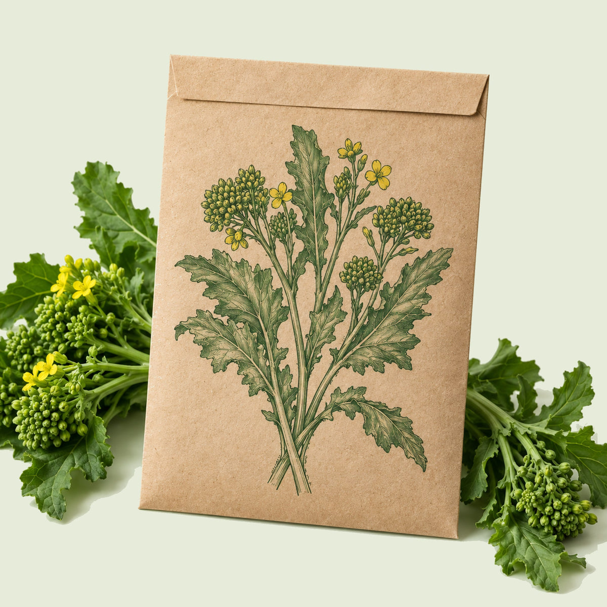 Kraft seed packet illustrated with Rapini Broccoli Raab, with fresh Rapini Broccoli Raab beside it