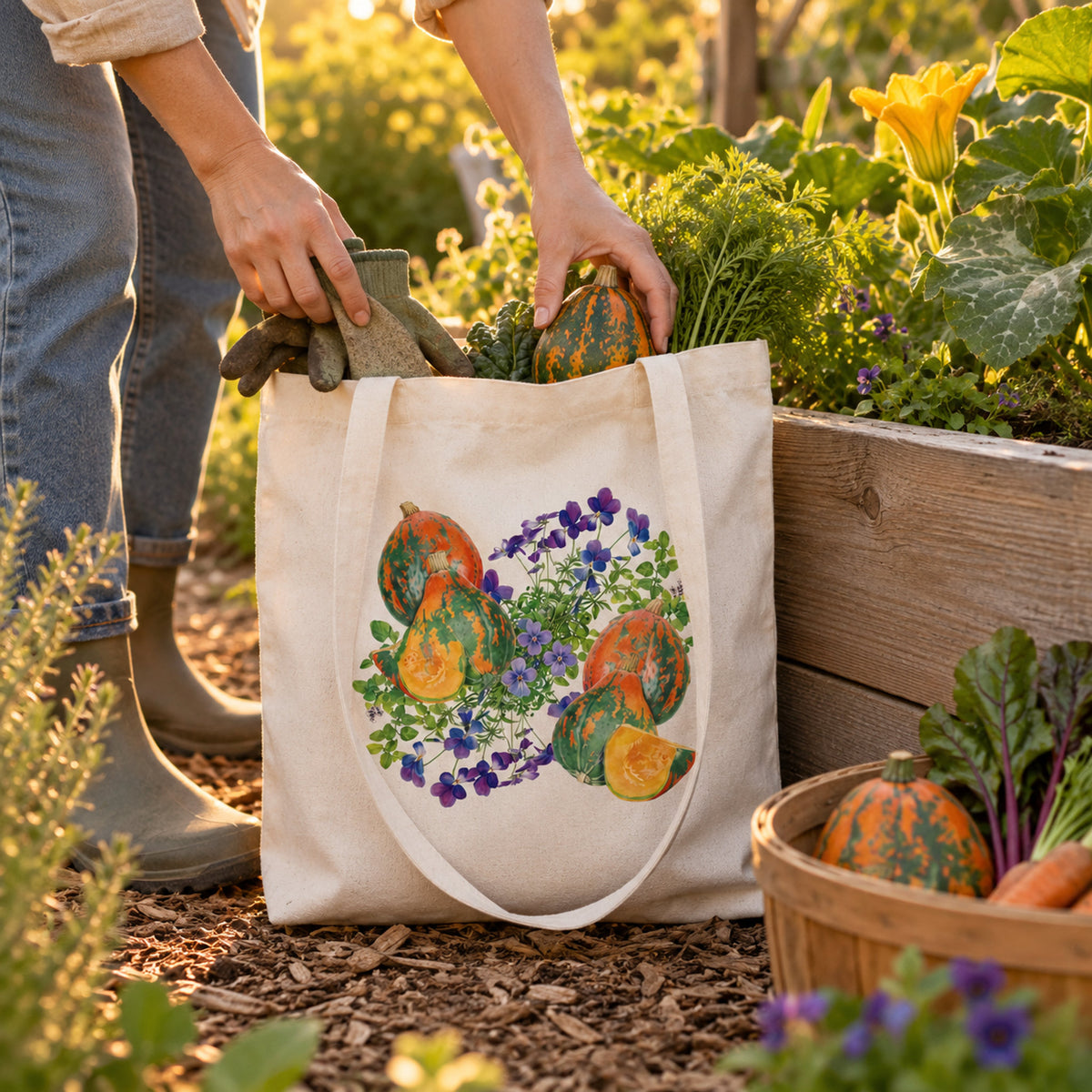 Recycled Cotton Garden Tote in use in a home garden