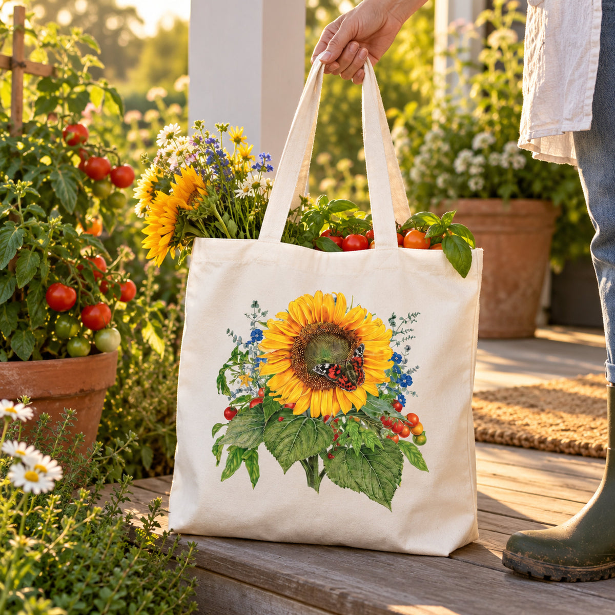 Recycled Garden Tote Bag in use in a home garden