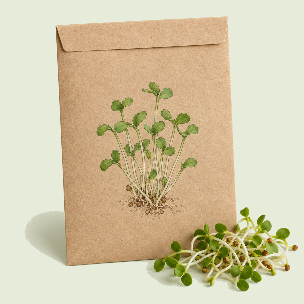 Kraft seed packet illustrated with Red Clover Sprouts, with fresh Red Clover Sprouts beside it