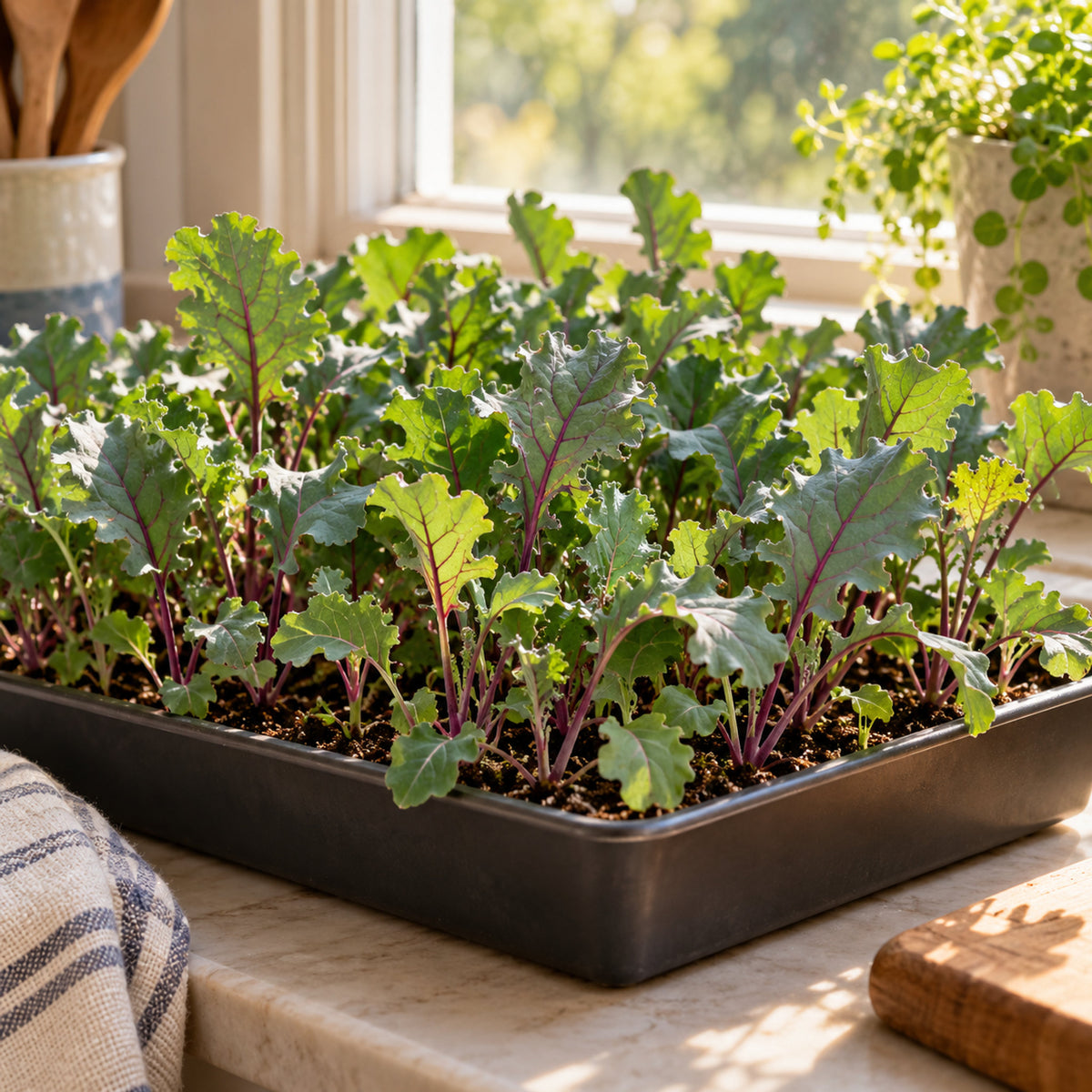 Red Russian Kale Baby Greens Seeds growing in a home garden
