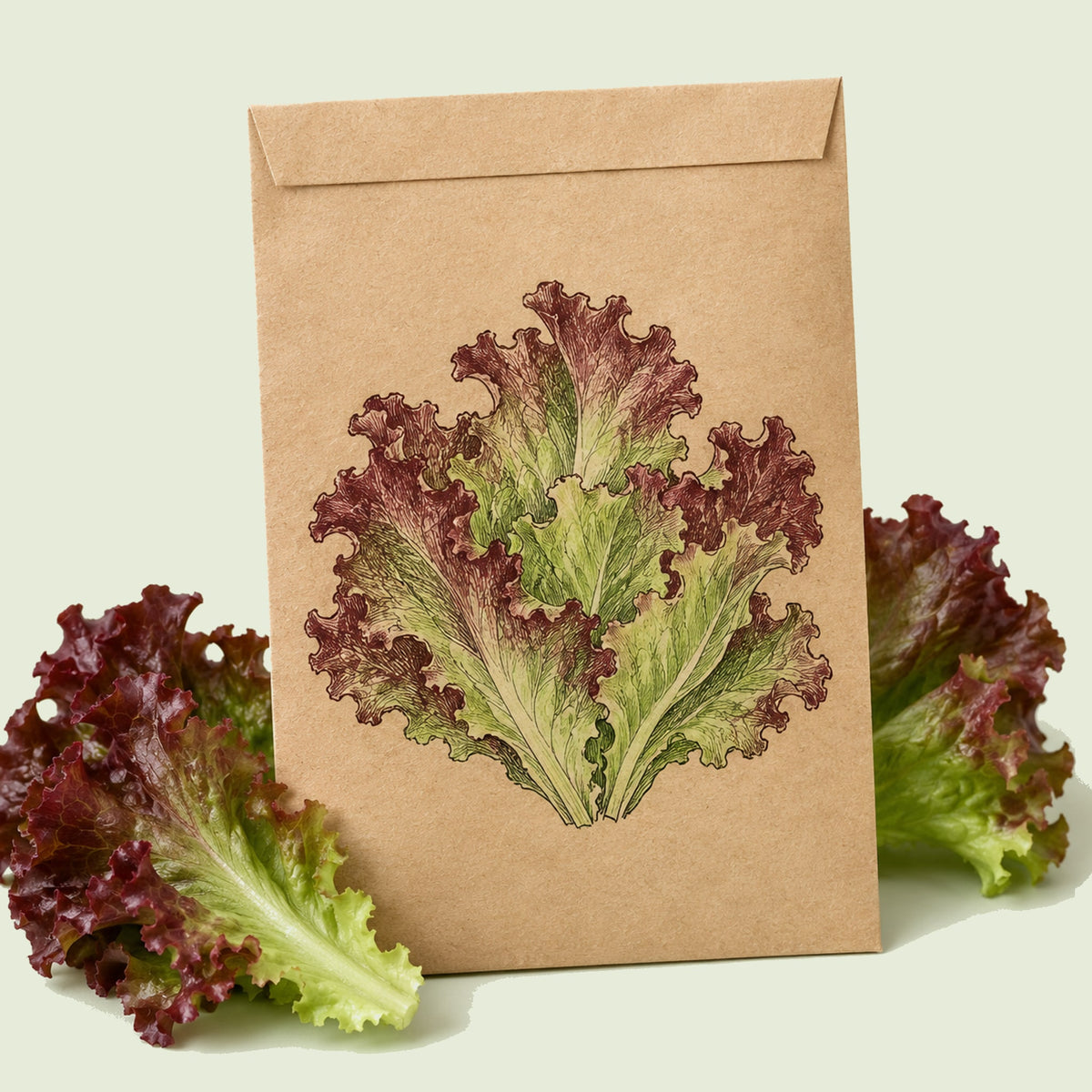 Kraft seed packet illustrated with Red Sails Leaf Lettuce, with fresh Red Sails Leaf Lettuce beside it