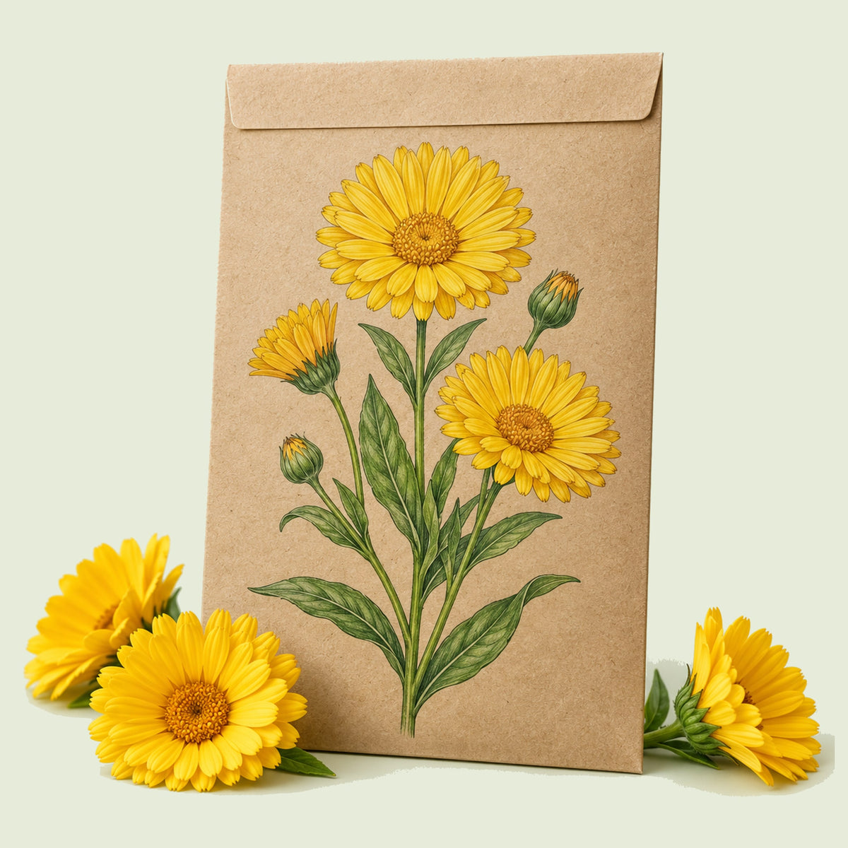 Kraft seed packet illustrated with Resina Calendula, with fresh Resina Calendula beside it