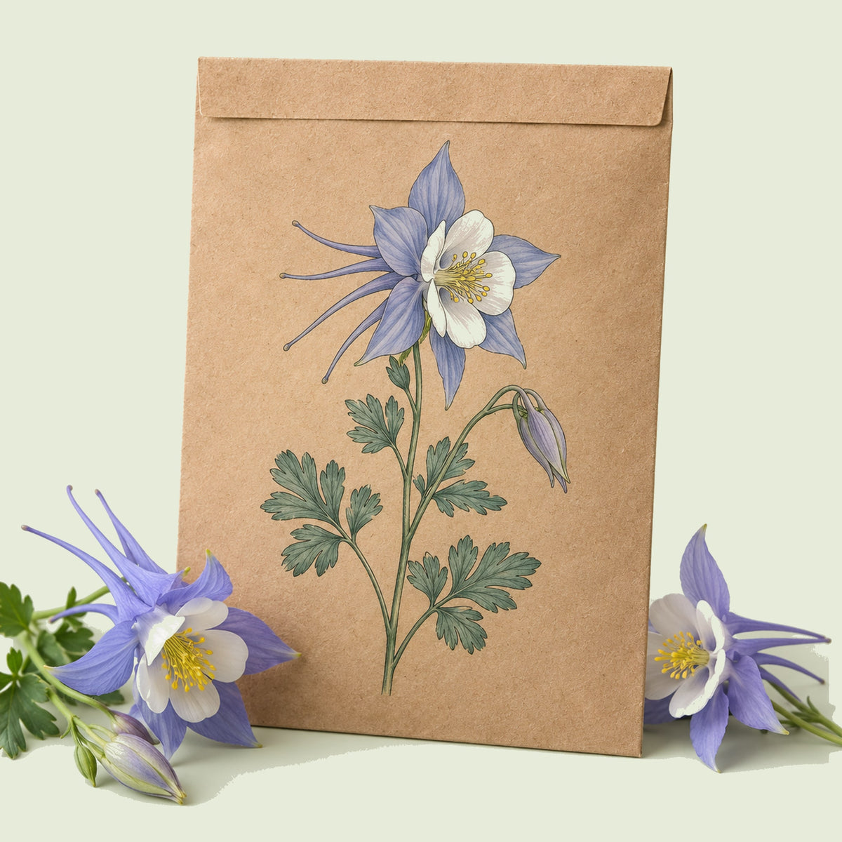 Kraft seed packet illustrated with Rocky Mountain Blue Columbine, with fresh Rocky Mountain Blue Columbine beside it