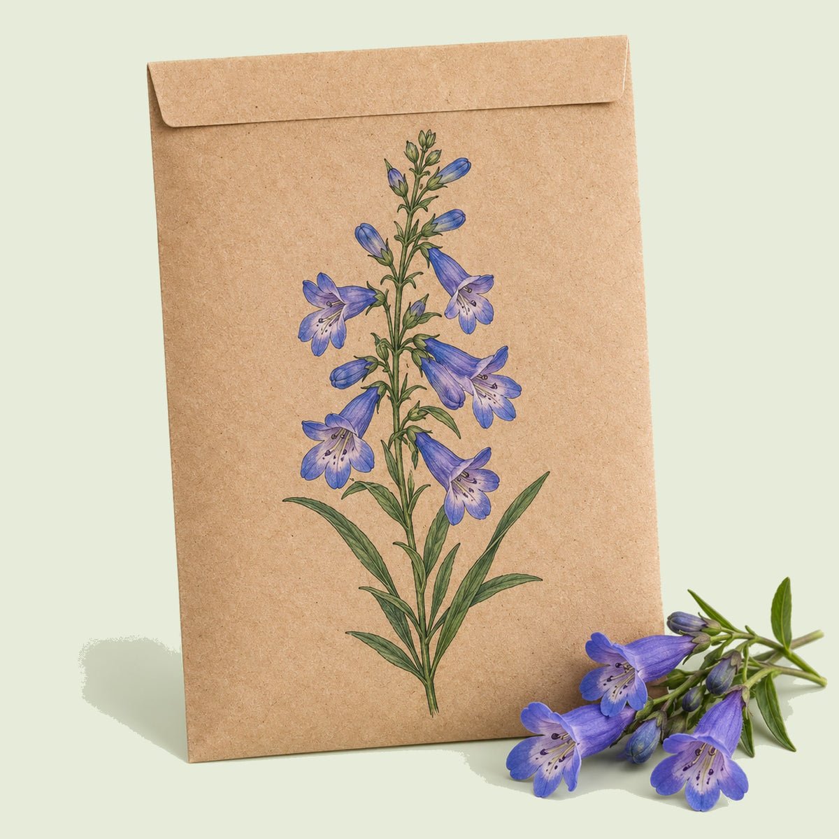 Kraft seed packet illustrated with Rocky Mountain Blue Penstemon, with fresh Rocky Mountain Blue Penstemon beside it