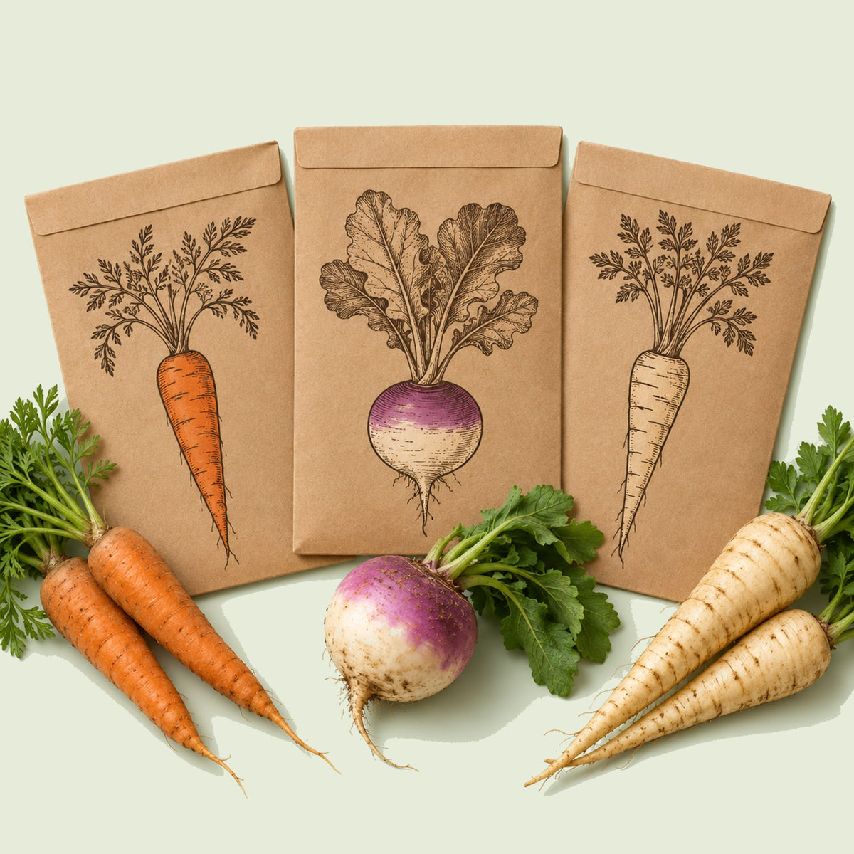 Kraft seed packet illustrated with Root Vegetable Seed Bundle, with fresh Root Vegetable Seed Bundle beside it