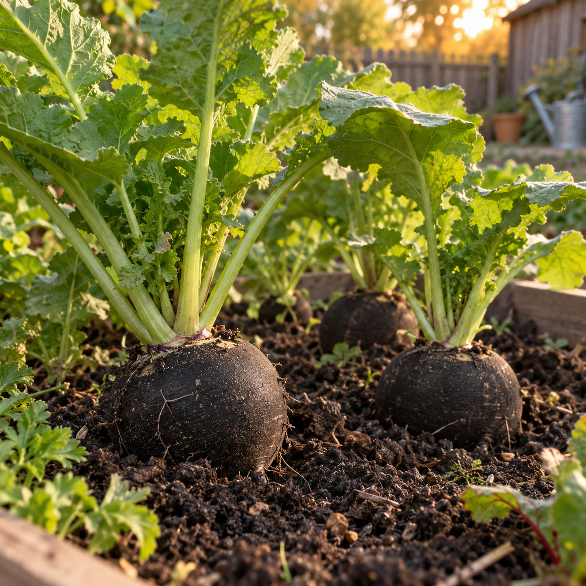Round Black Spanish Radish Seeds growing in a home garden