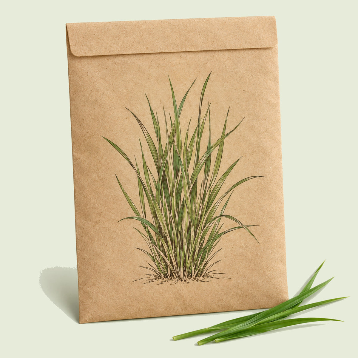 Kraft seed packet illustrated with Royal Grass, with fresh Royal Grass beside it