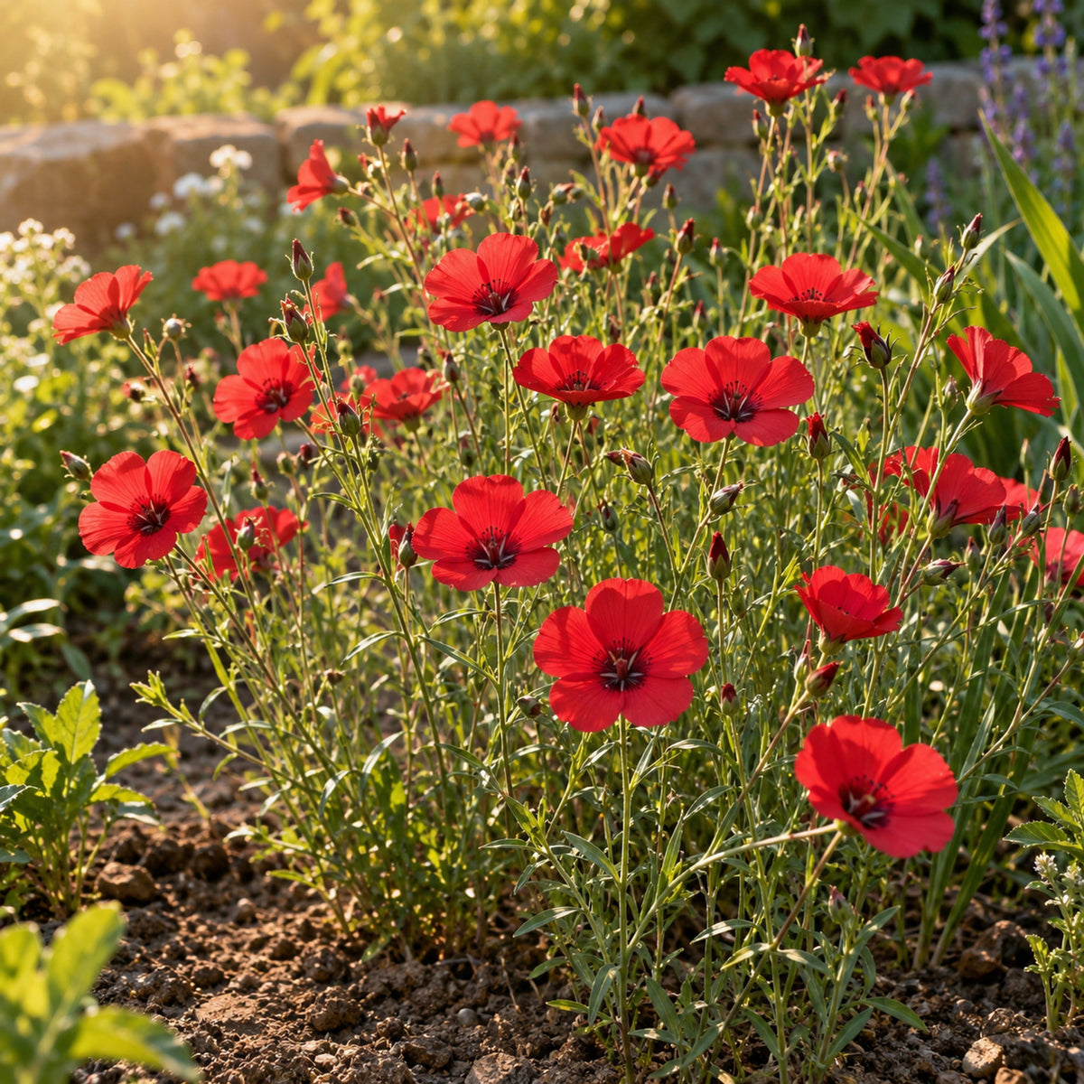Scarlet Flax Flower Seeds growing in a home garden