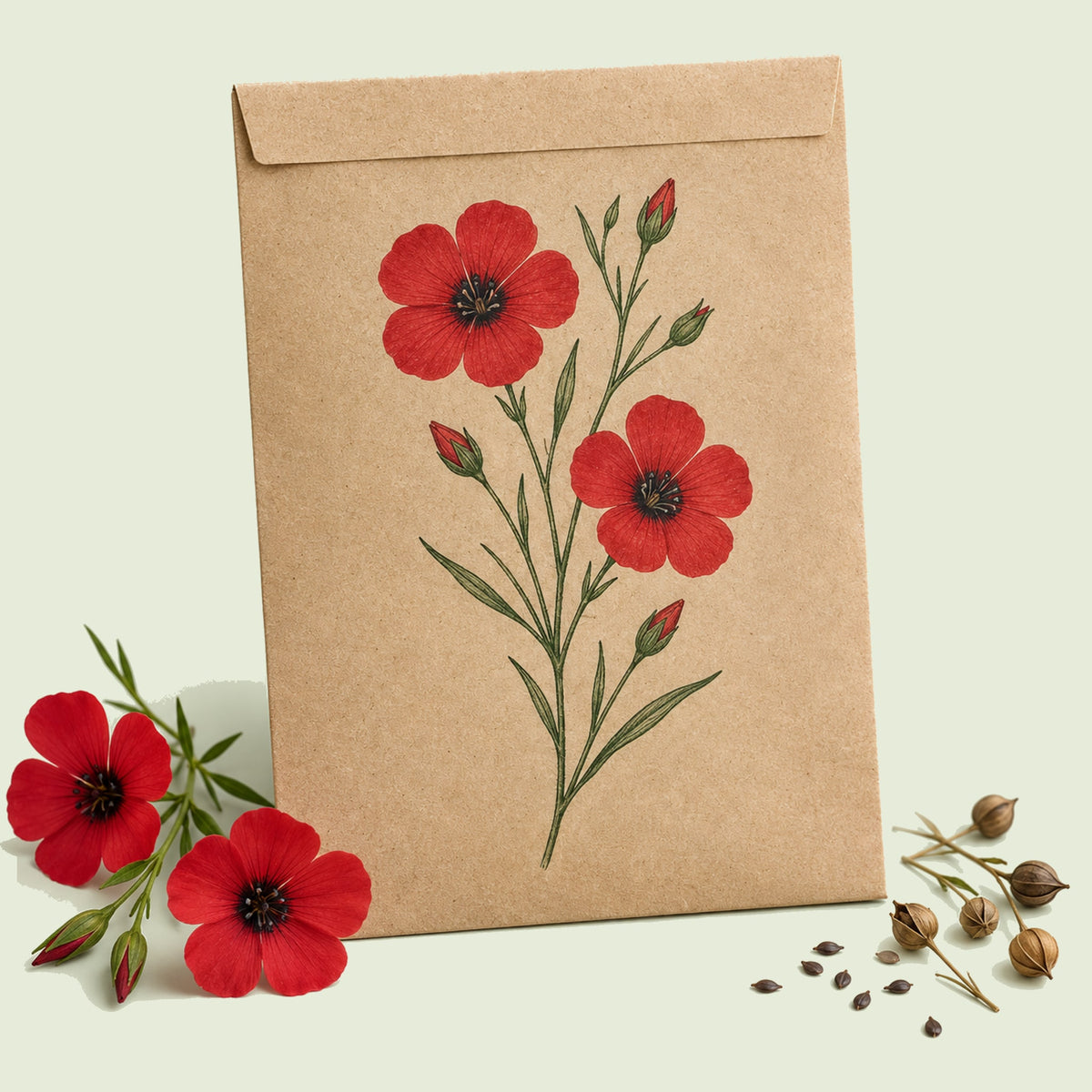 Kraft seed packet illustrated with Scarlet Flax Flower, with fresh Scarlet Flax Flower beside it