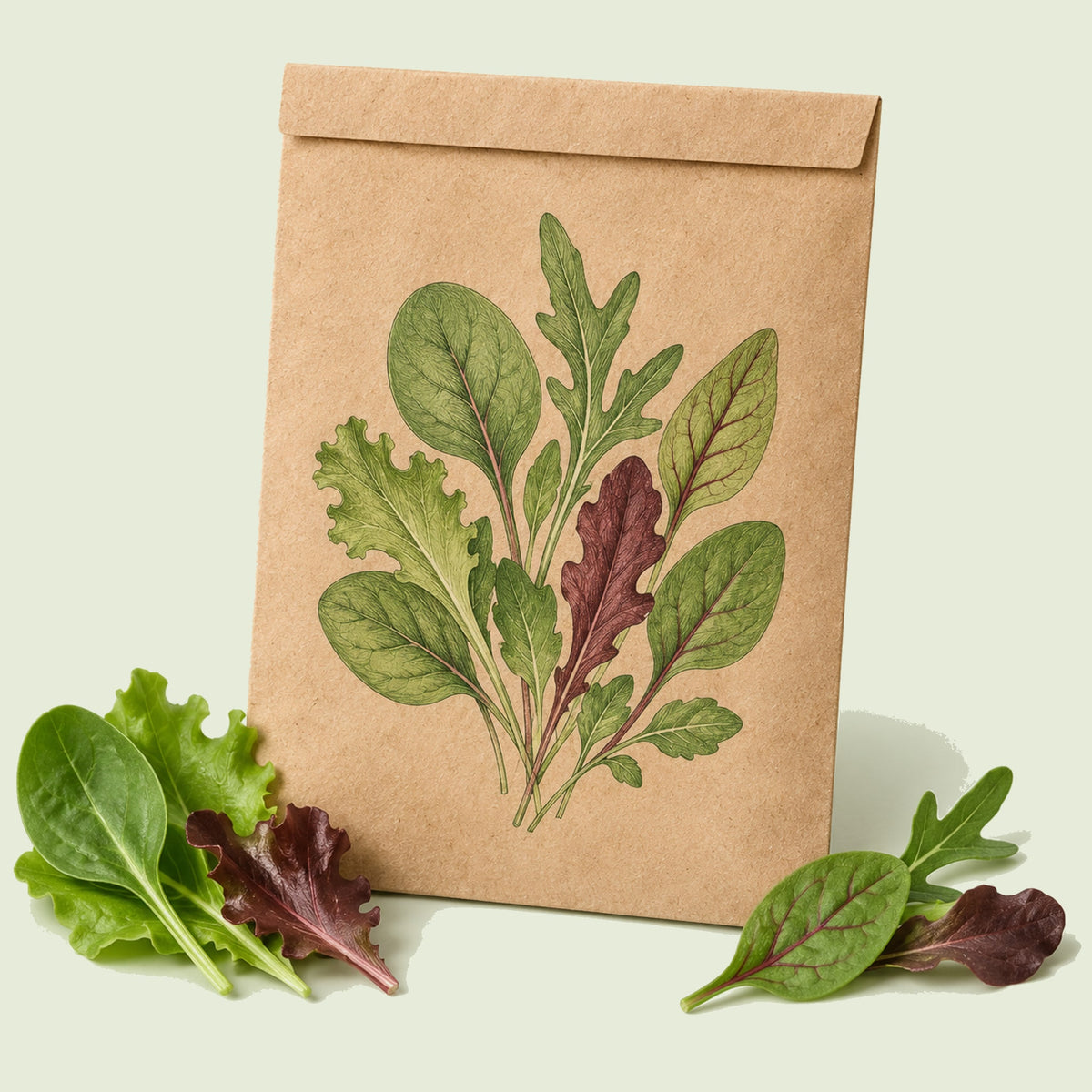 Kraft seed packet illustrated with Smoothie Baby Greens Mix, with fresh Smoothie Baby Greens Mix beside it