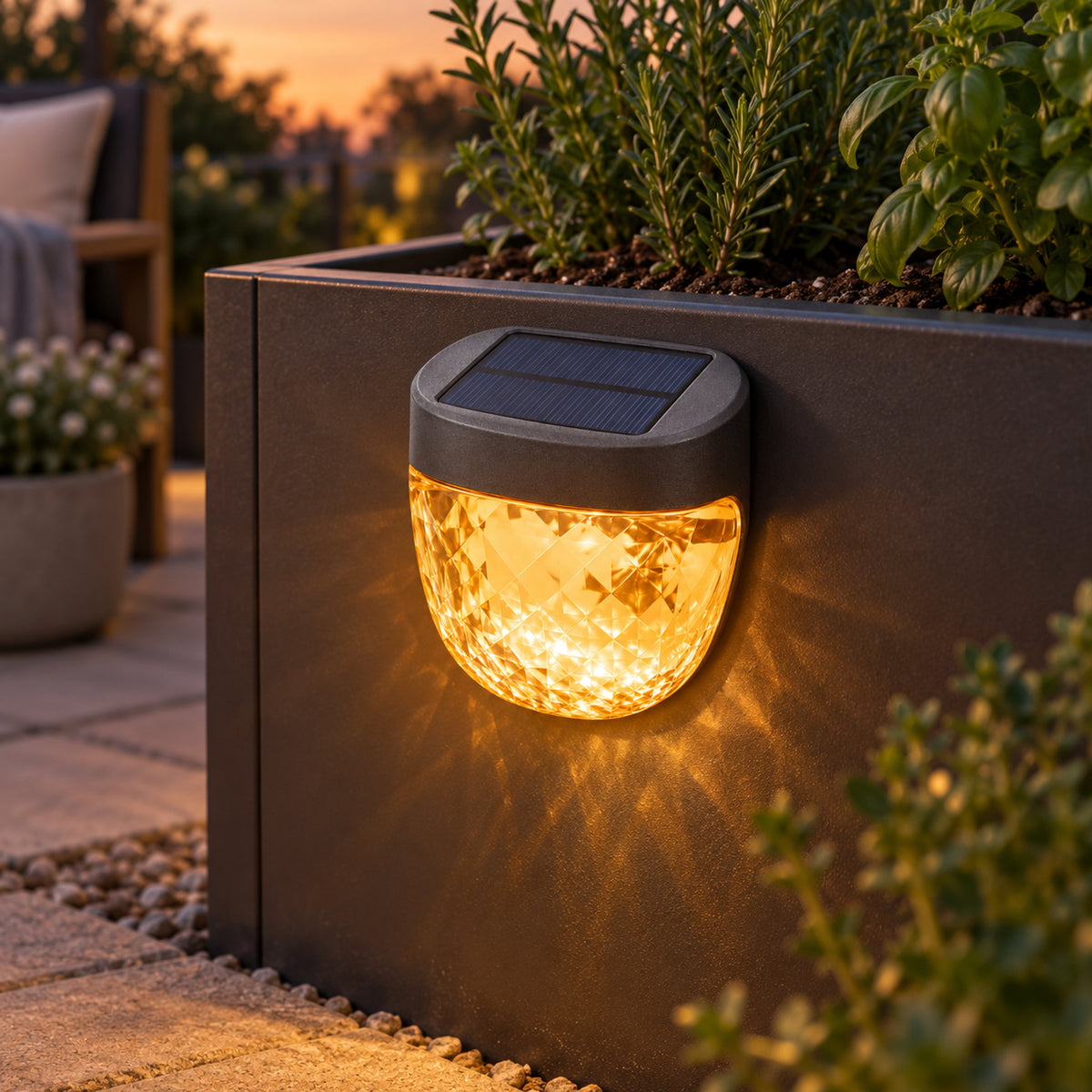 Solar Garden Light, Flat Mount in use in a home garden