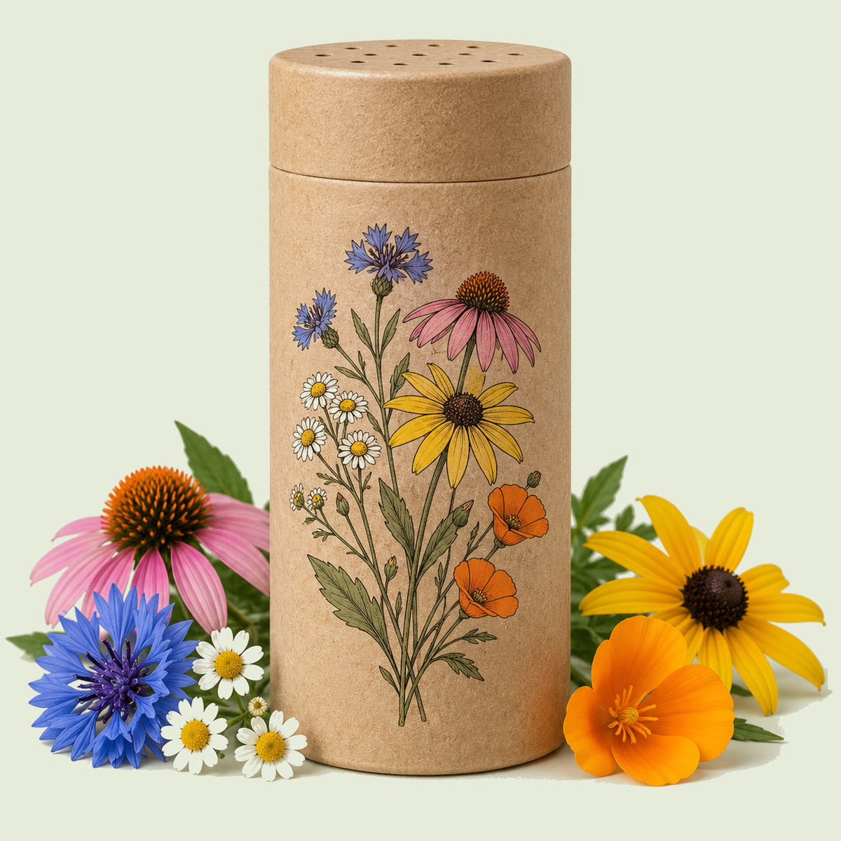 Kraft seed packet illustrated with Songbird Flower Mix Seed Shaker, with fresh Songbird Flower Mix Seed Shaker beside it
