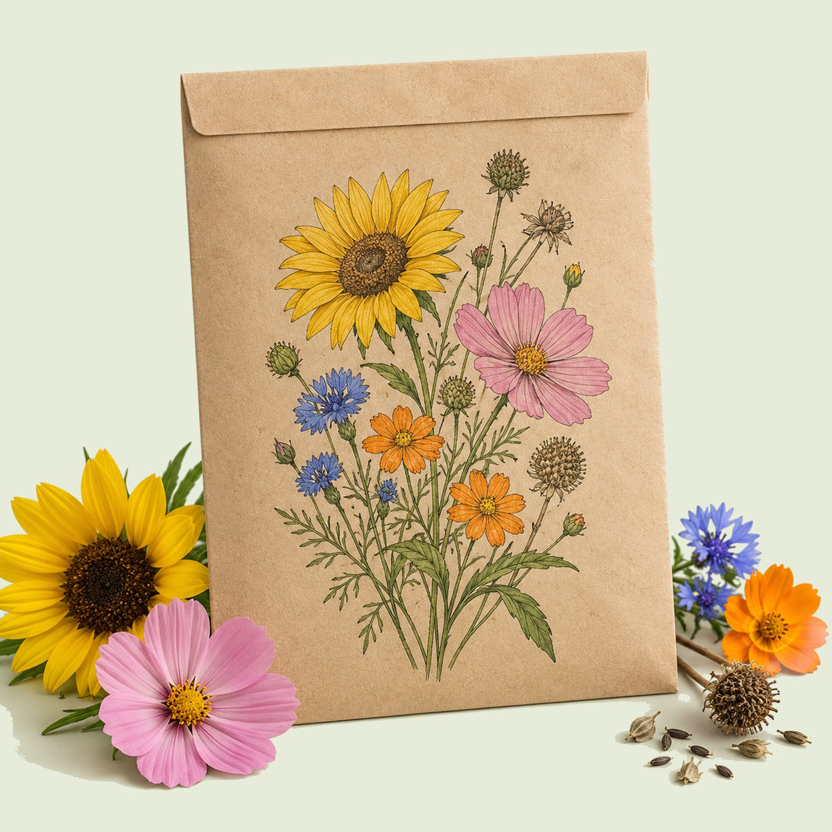 Kraft seed packet illustrated with Songbird Flower Mix, with fresh Songbird Flower Mix beside it