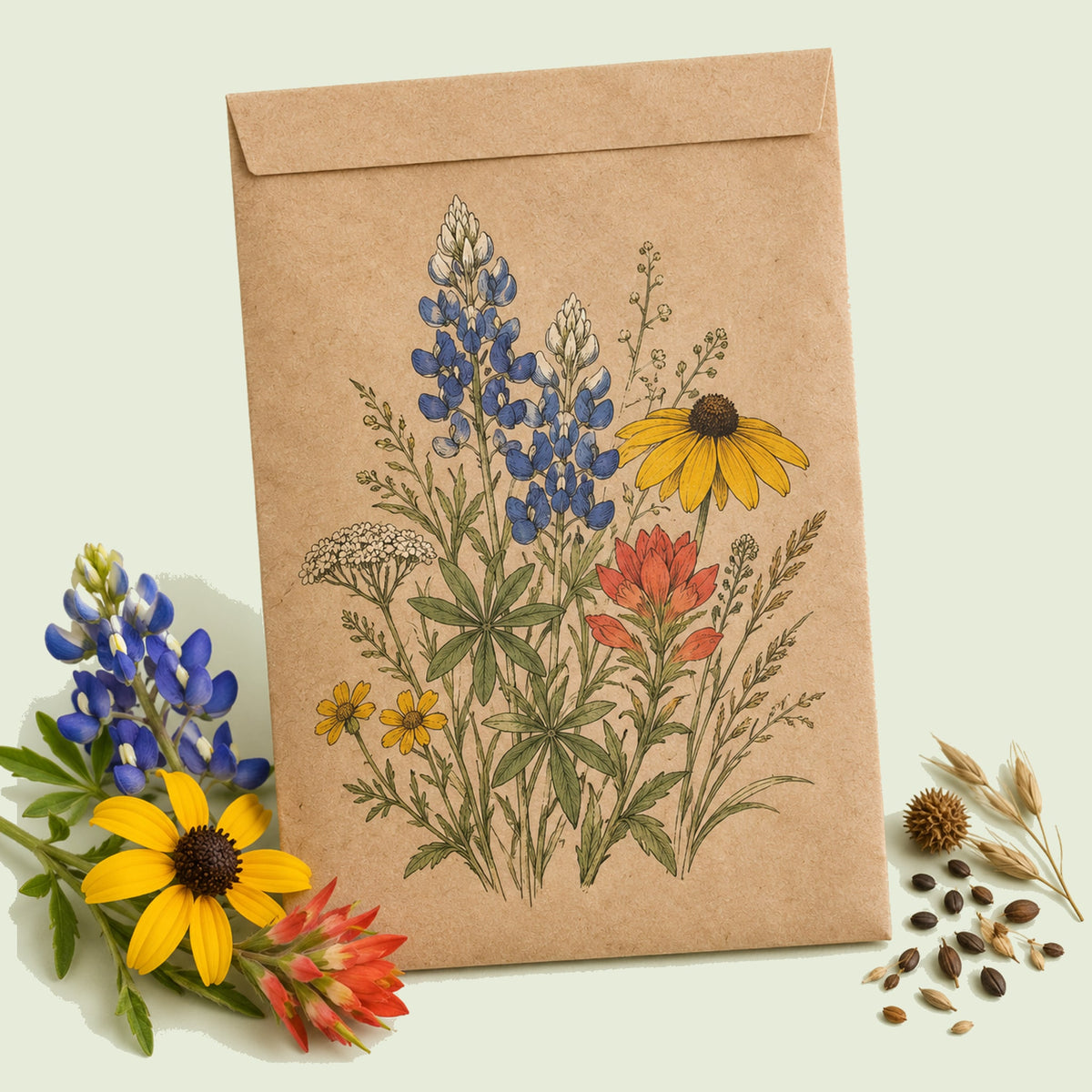 Kraft seed packet illustrated with Southern Hills and Plains Wildflower Mix, with fresh Southern Hills and Plains Wildflower Mix beside it