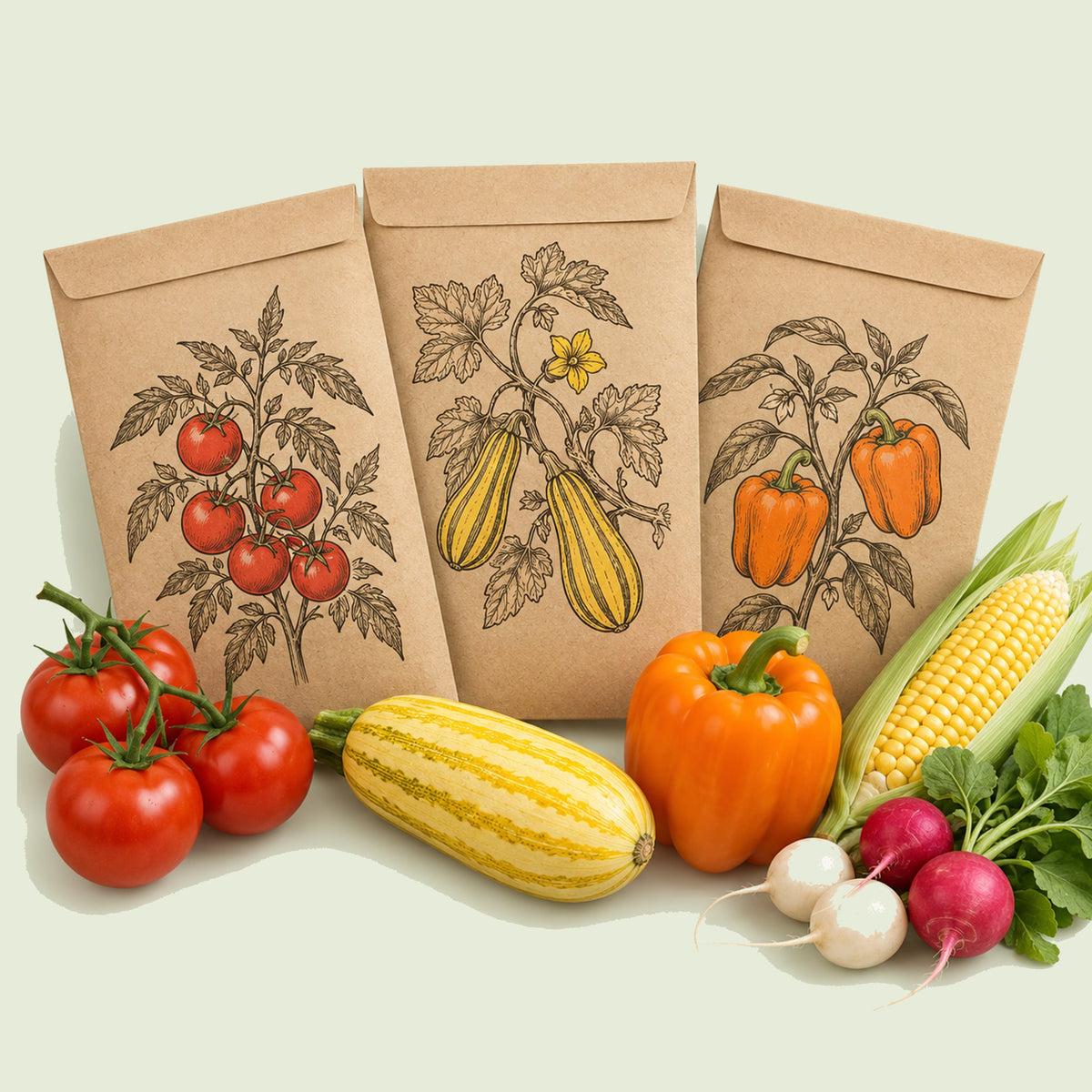 Kraft seed packet illustrated with Spring Vegetable Seed Bundle, with fresh Spring Vegetable Seed Bundle beside it