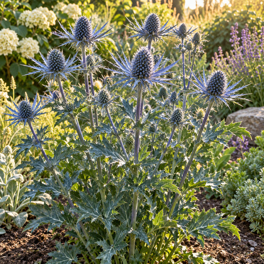 Steel Blue Sea Holly Seeds growing in a home garden