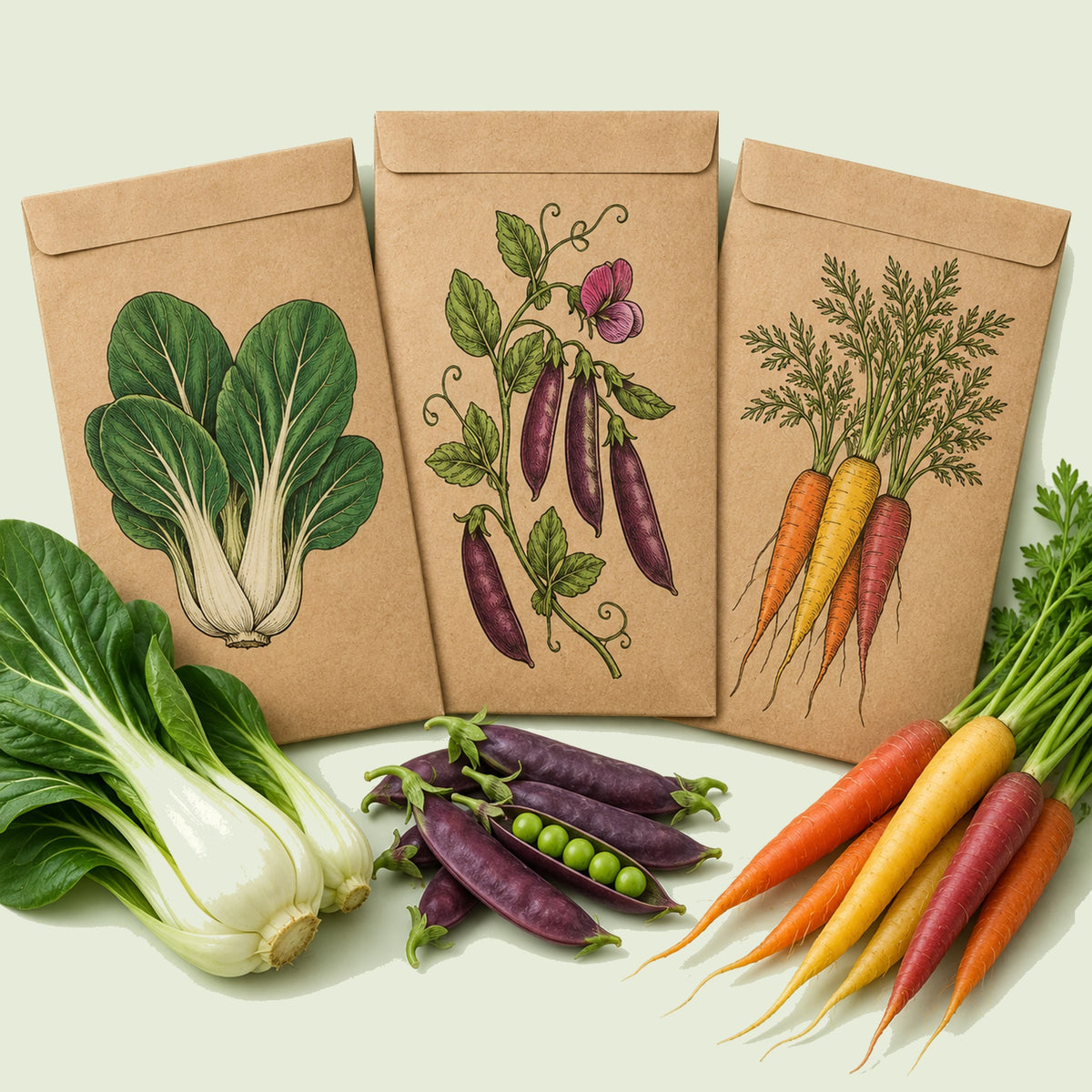 Kraft seed packet illustrated with Stir Fry Vegetable Seed Bundle, with fresh Stir Fry Vegetable Seed Bundle beside it