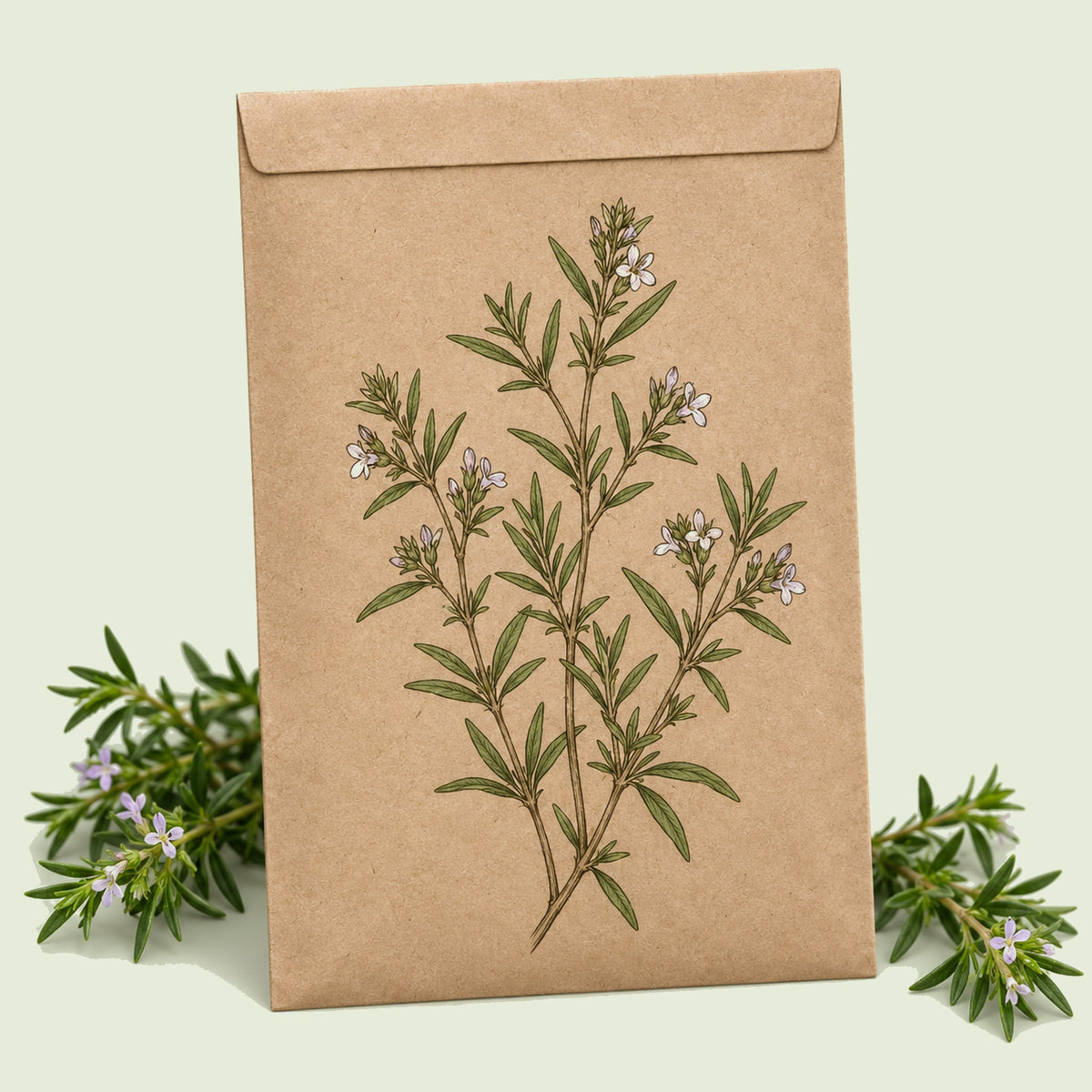 Kraft seed packet illustrated with Summer Savory Herb, with fresh Summer Savory Herb beside it
