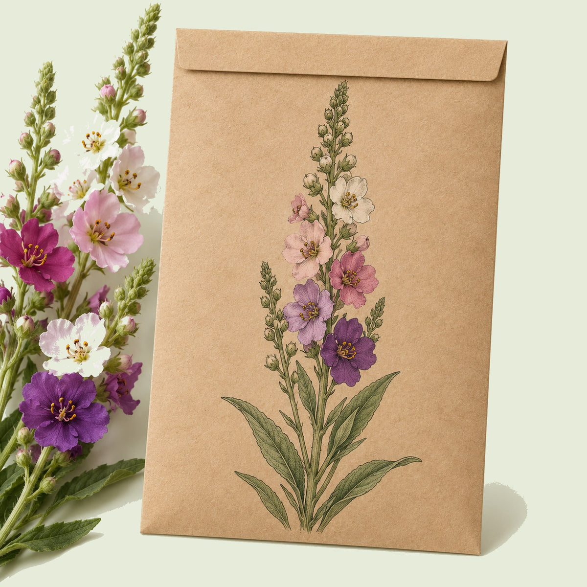 Kraft seed packet illustrated with Summer Shades Verbascum, with fresh Summer Shades Verbascum beside it