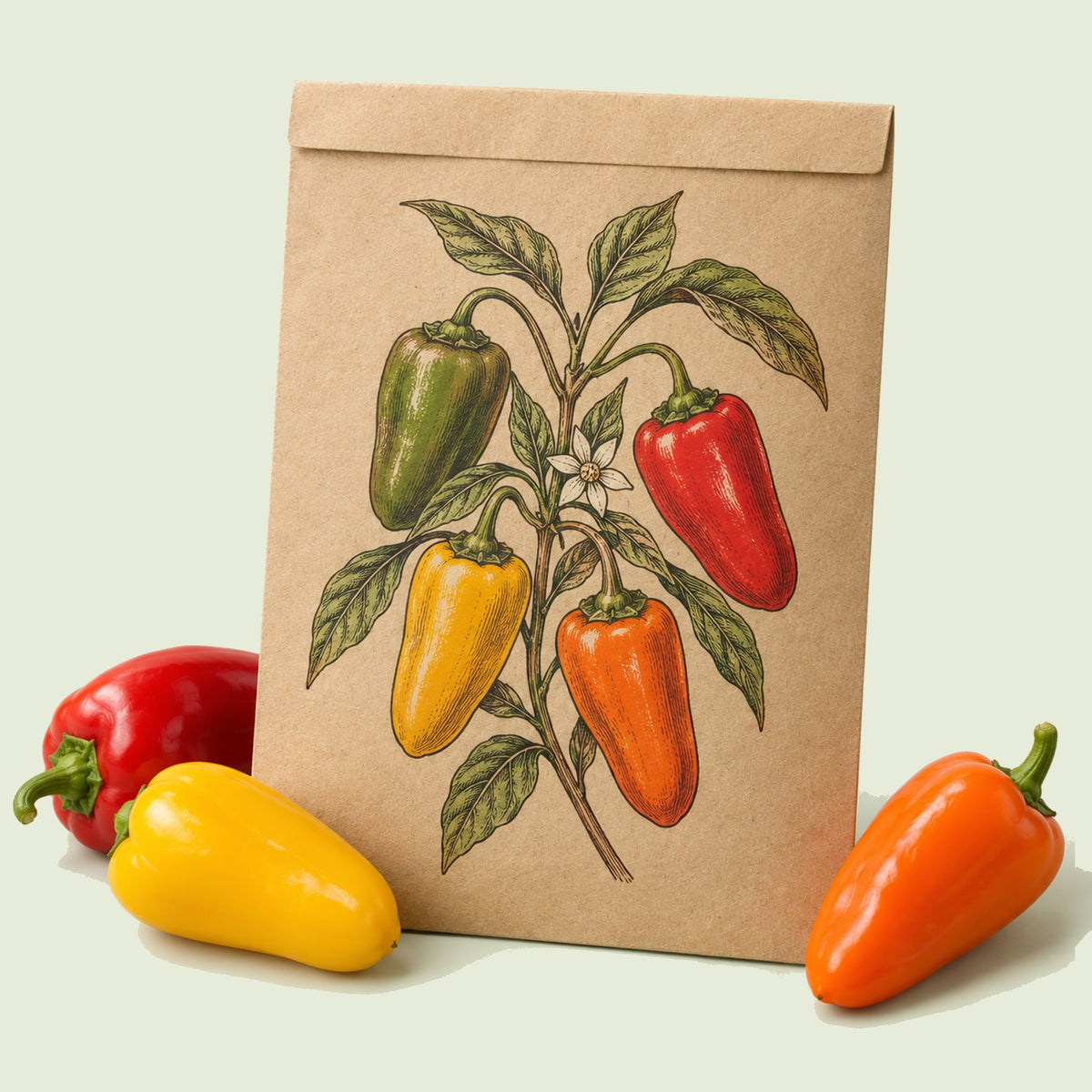 Kraft seed packet illustrated with Sweet Snacking Pepper Blend, with fresh Sweet Snacking Pepper Blend beside it