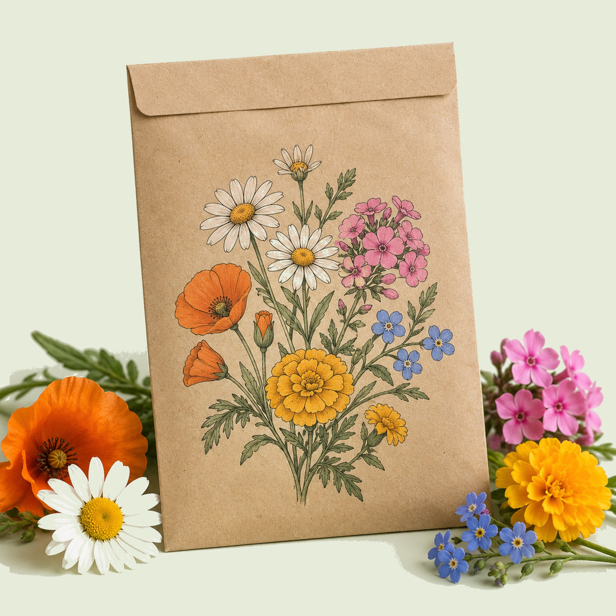 Kraft seed packet illustrated with Three Season Bloom Flower Mix, with fresh Three Season Bloom Flower Mix beside it