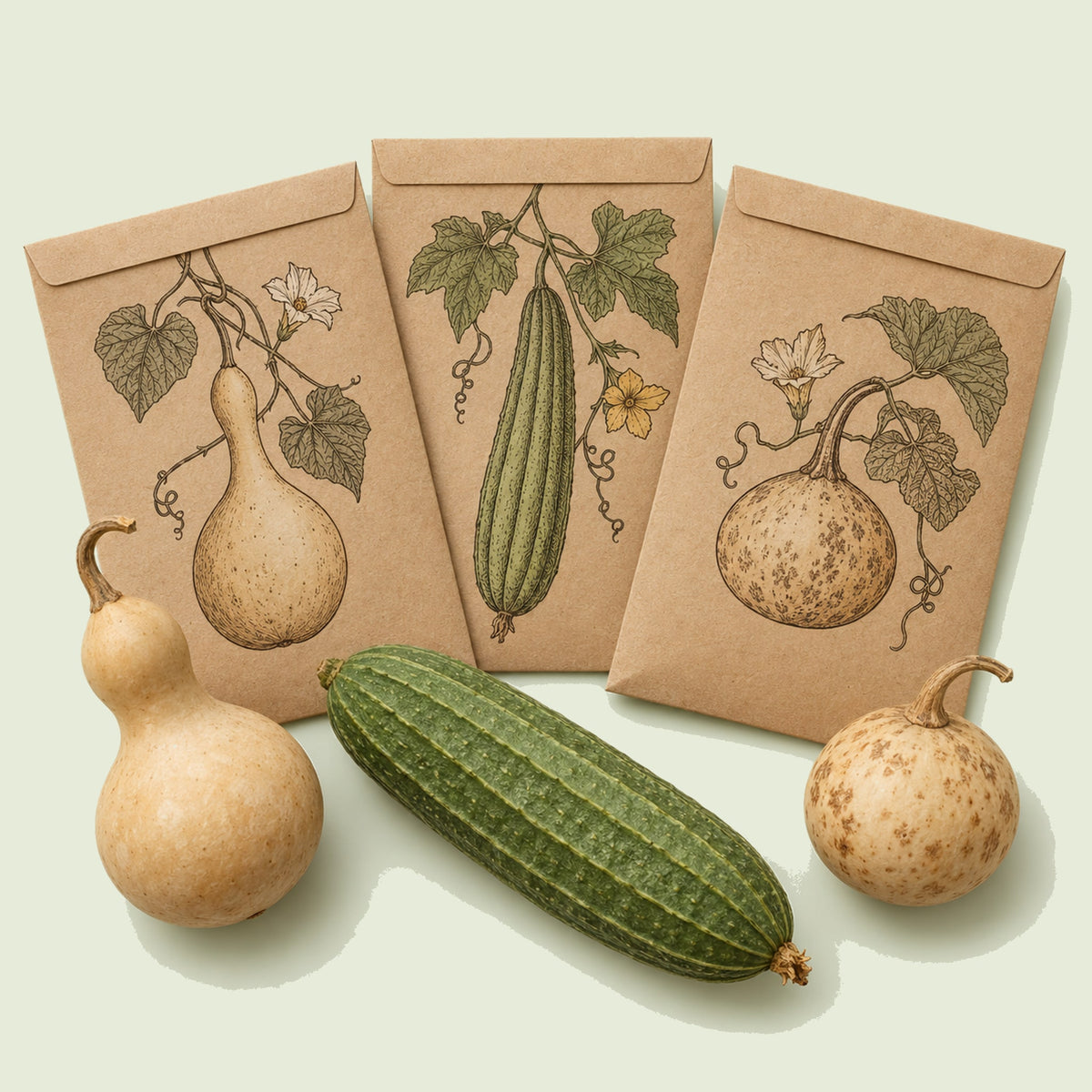 Kraft seed packet illustrated with Unusual Gourd Seed Bundle, with fresh Unusual Gourd Seed Bundle beside it