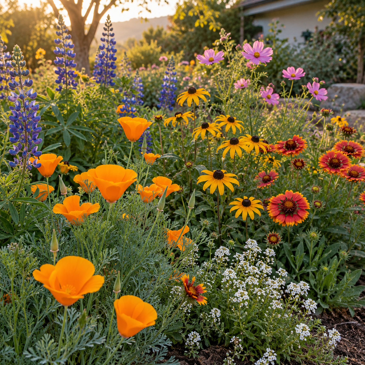 Water Wise Flower Mix Seed Shaker growing in a home garden