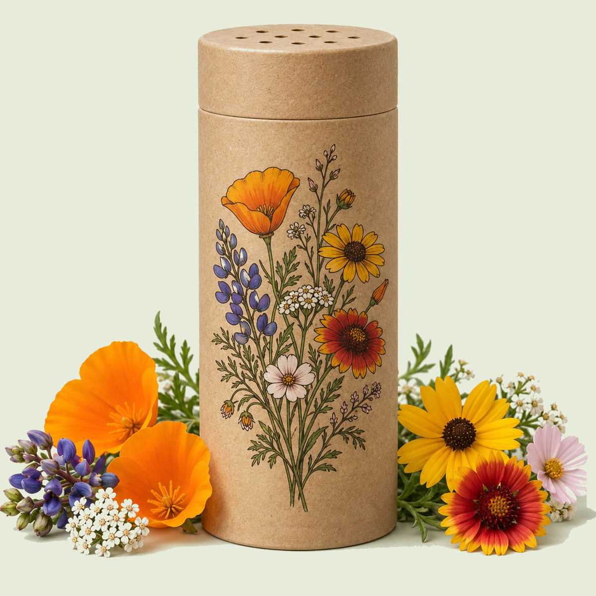 Kraft seed packet illustrated with Water Wise Flower Mix Seed Shaker, with fresh Water Wise Flower Mix Seed Shaker beside it