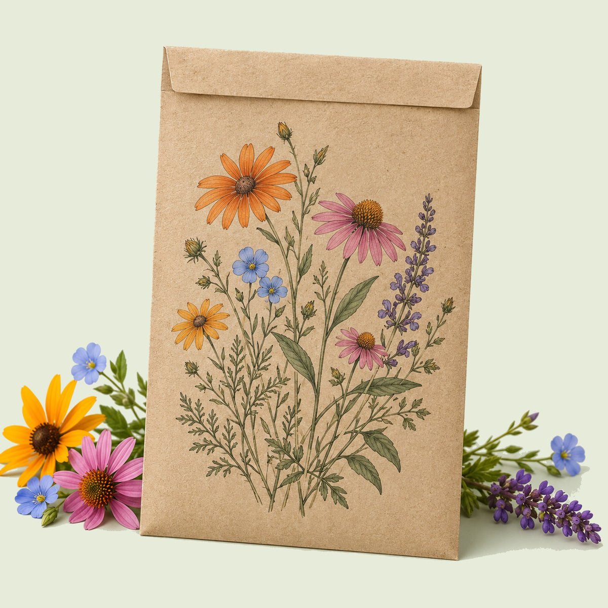 Kraft seed packet illustrated with Wildflower Seed Mix, with fresh Wildflower Seed Mix beside it