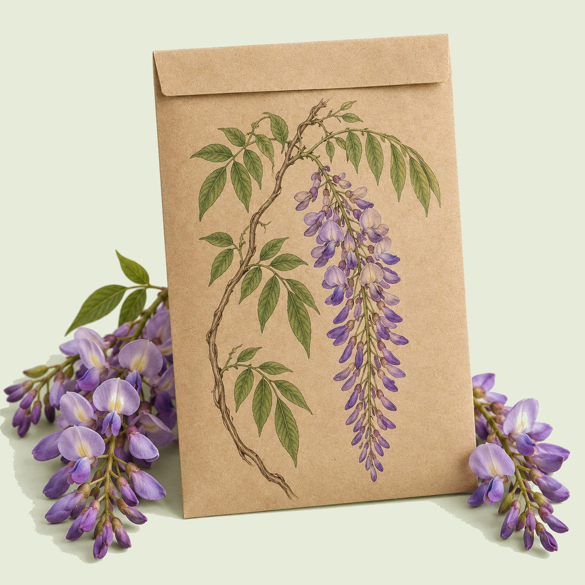 Kraft seed packet illustrated with Wisteria, with fresh Wisteria beside it