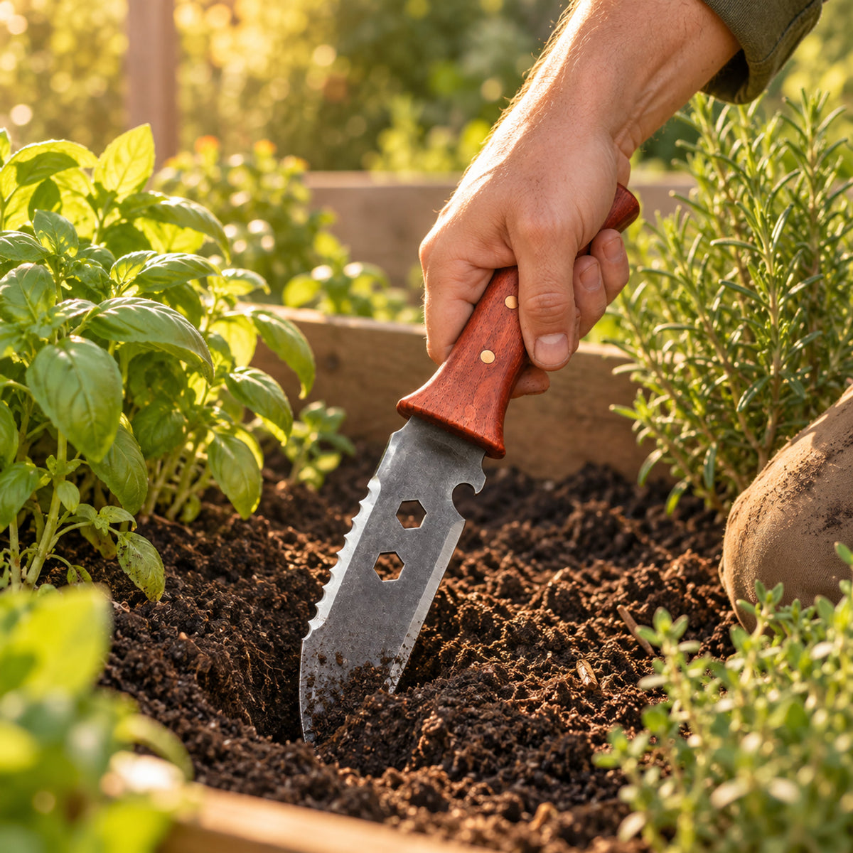 10-Function Hori Hori Garden Knife in use in a home garden