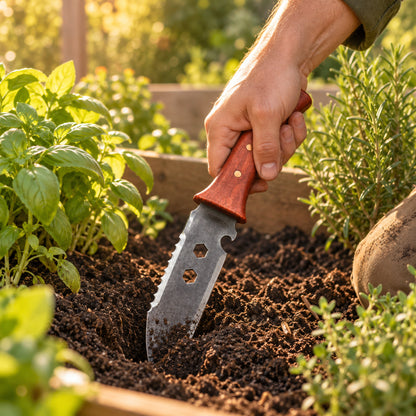10-Function Hori Hori Garden Knife in use in a home garden