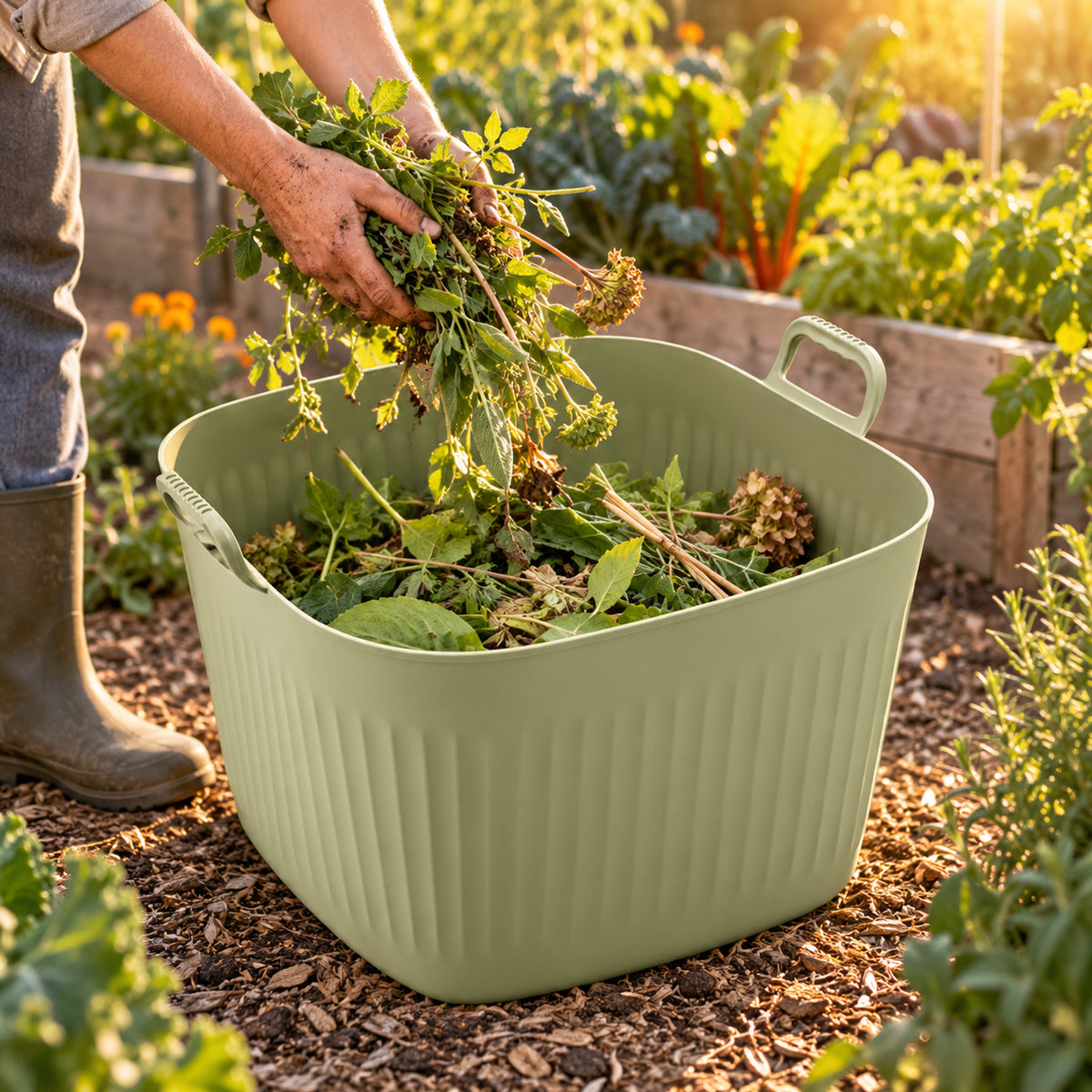 12-Gallon Garden Utility Tub in use in a home garden